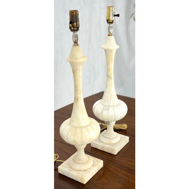 Pair of Fine Elegant Alabaster Marble Onion Shape Bases Table Lamps Clean! For Sale - Image 9 of 13