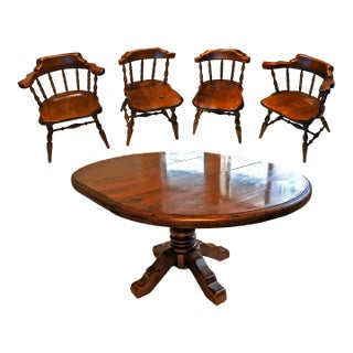 Farm House Style Dining Set Extendable Round Dining Table & 4 Windsor Tavern Chairs - Set 5 For Sale