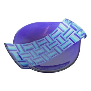 Vintage Postmodern Blue Fused Art Glass Sculptural Bowl, circa 1980 For Sale