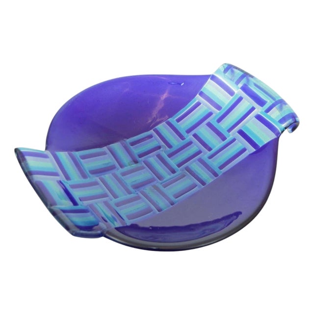 Vintage Postmodern Blue Fused Art Glass Sculptural Bowl, circa 1980 For Sale