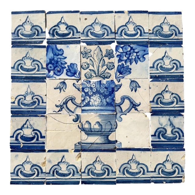 18th Century Portuguese Baroque Blue & White Flower Vase Tile Panel For Sale