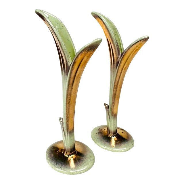 Pair 1950s Bud Vases Attributed to Bauer Pottery, Green and Gold For Sale