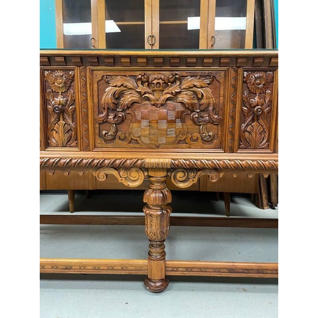 Wood Antique Hand Carved Sideboard Buffet, Berkey & Gay, Jacobean Revival, Walnut Wood, Glass Top For Sale - Image 7 of 11