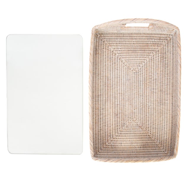 Artifacts Rattan Rectangular Tray with Glass Insert in White Wash - 21" For Sale - Image 4 of 5