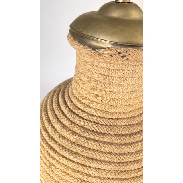 Large Ceramic Lamp in Wrapped in Light Rope & Brass Top For Sale - Image 6 of 11
