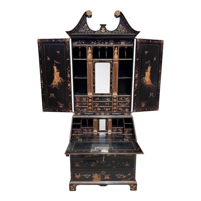 18th C Style George I Burton-Ching Black Chinoiserie Secretary Desk Bookcase For Sale