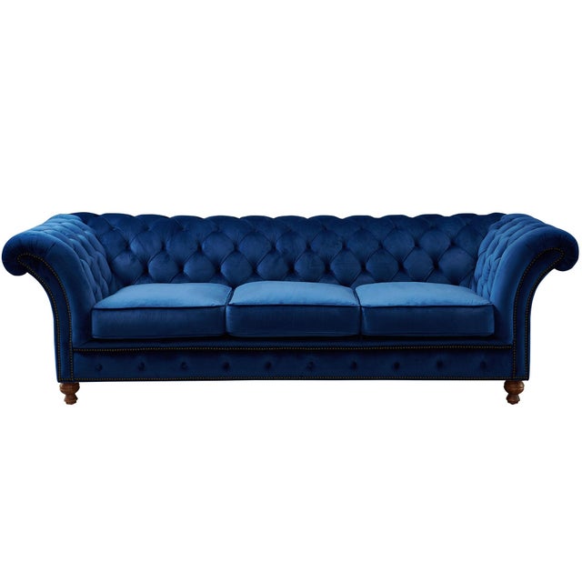"Peyton Blue Velvet Chesterfield Sofa – Luxe Design &amp; Comfort - Crafters and Weavers Elevate your living room with the...