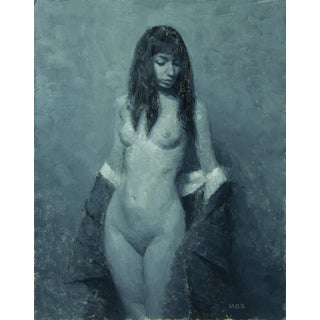 Revelation 1 by Mark Bradley Schwartz | Oil on Board Nude figure with long hair holding a jacket. For Sale