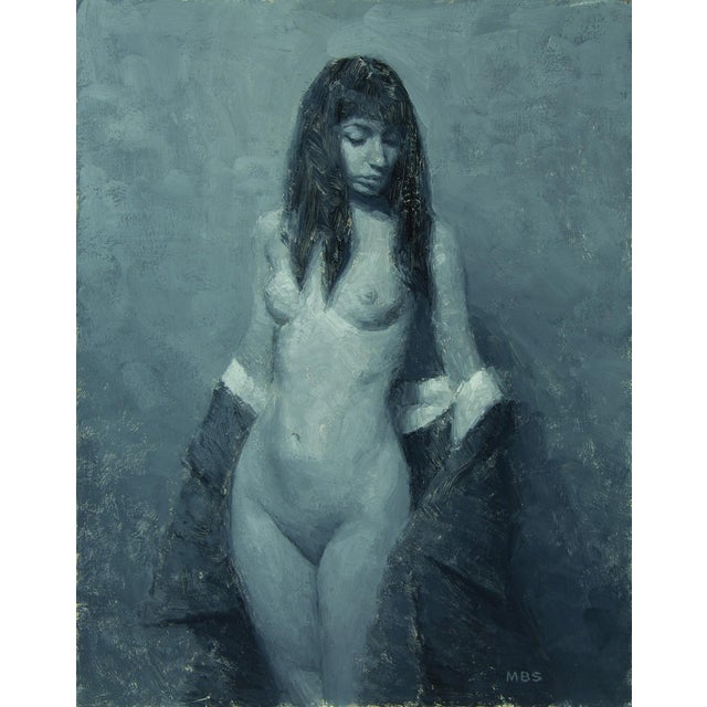 Revelation 1 by Mark Bradley Schwartz | Oil on Board Nude figure with long hair holding a jacket. For Sale