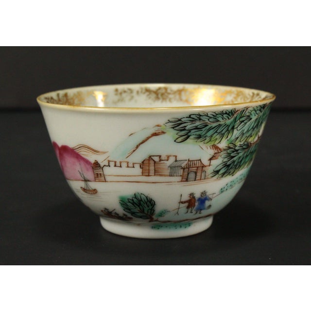 Fine Pair of Qianlong (1735-1796) Chinese Tea Cups Bowls W. Landscape Scenery For Sale - Image 11 of 18