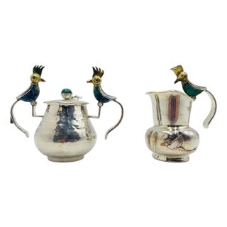 1960s Los Castillo Taxco Bird of Paradise Creamer & Sugar W Malachite Lapis - a Pair For Sale