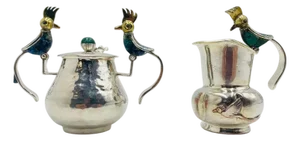 1960s Los Castillo Taxco Bird of Paradise Creamer & Sugar W Malachite Lapis - a Pair