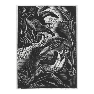 1950s Woodcut of Man Being Chased by Horses
