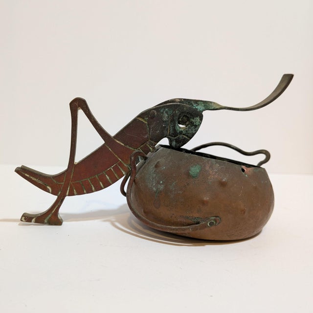 Antique Arts & Crafts figural cigar cutter and ashtray in the form of a grasshopper, in copper and brass, unmarked. Early...