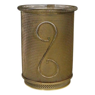 Mid 20th Century Hollywood Regency Gold Tone Metal Mesh Trashcan For Sale