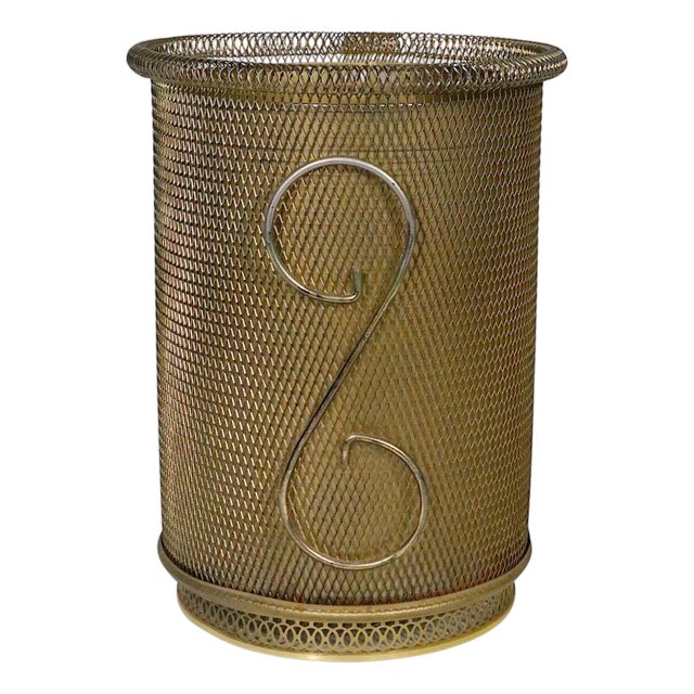 Mid 20th Century Hollywood Regency Gold Tone Metal Mesh Trashcan For Sale