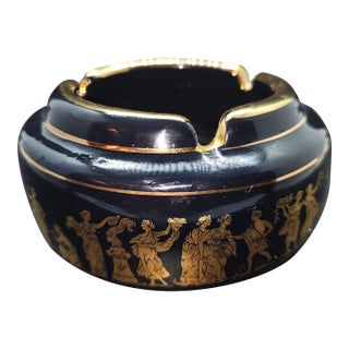 Handmade Greece Faience Cobalt Blue With 24k Gold Trim Ashtray For Sale