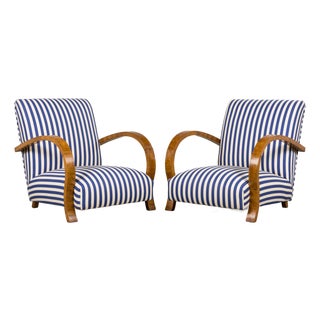 1930s French Art Deco Walnut Bridge Arm Lounge Chairs in Blue Stripe - A Pair For Sale