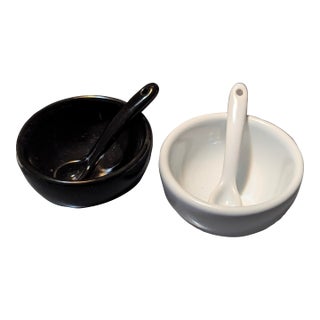 Perfect Little Glossy Black & White Ceramic Salt and Pepper Cellars For Sale