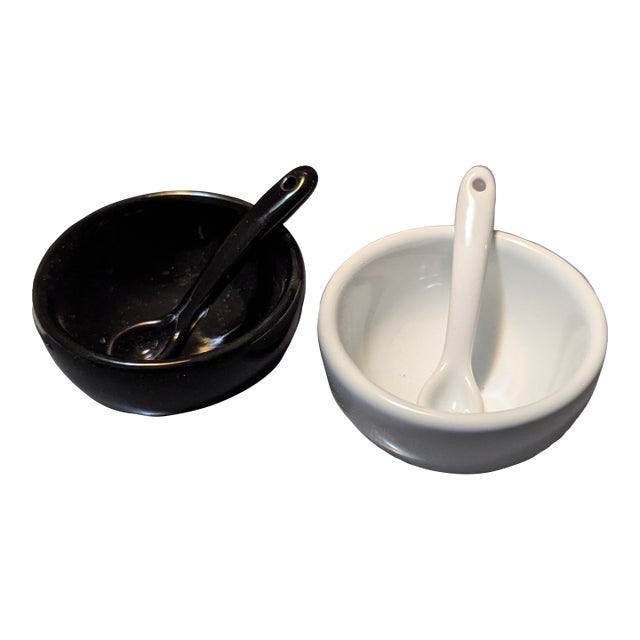 Perfect Little Glossy Black & White Ceramic Salt and Pepper Cellars For Sale