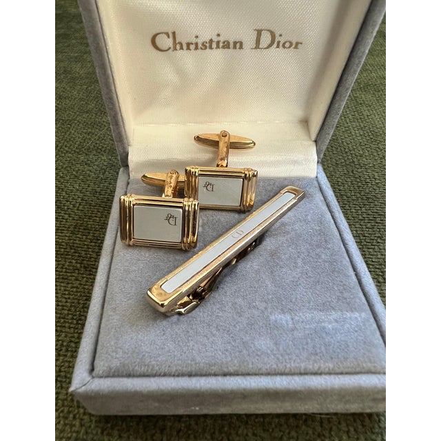 Metal Rare Vintage Christian Dior Gold Plate Cufflinks & Tie Clip Original Case For Sale - Image 7 of 12