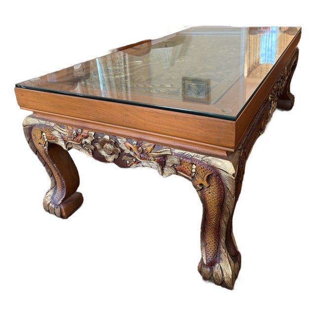 Thai Teakwood Hand Carved Coffee Table - Imported From Thailand For Sale