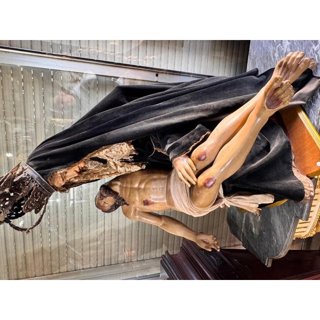Wood Spanish Baroque Pietà in Polychrome Wood with Silver Crown, 18th Century For Sale - Image 7 of 11