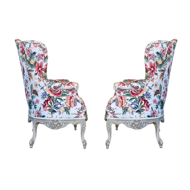 French Late 19th Century Finely Carved Louis XV Style Wing Chairs in Floral Linen - a Pair For Sale - Image 3 of 11