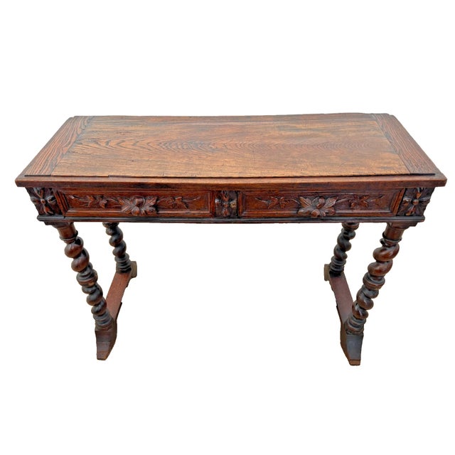 Victorian Antique Sofa Table Console Barley Twist Legs Dark Oak Two Drawers Hand Carved For Sale - Image 3 of 14