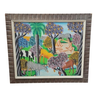 Vintage Signed Hatian Painting of Adam & Eve For Sale