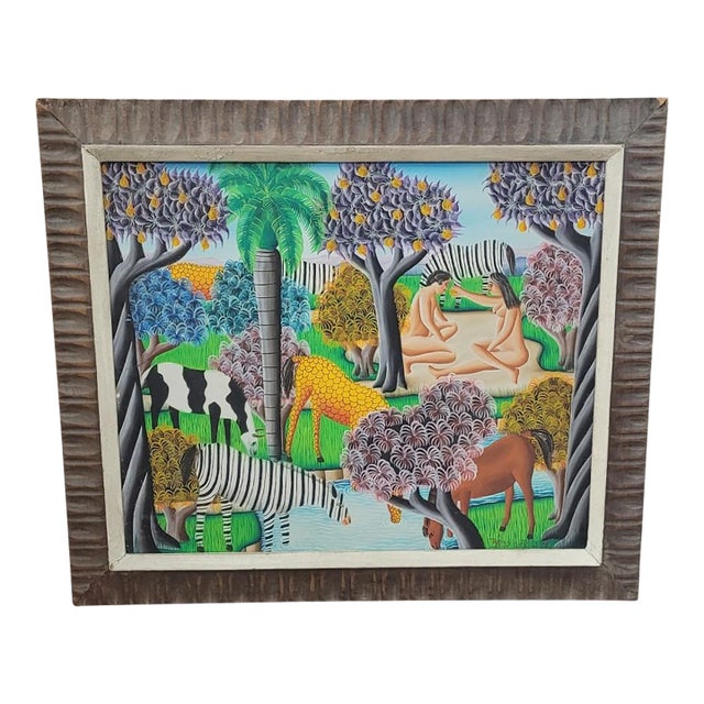 Vintage Signed Hatian Painting of Adam & Eve For Sale