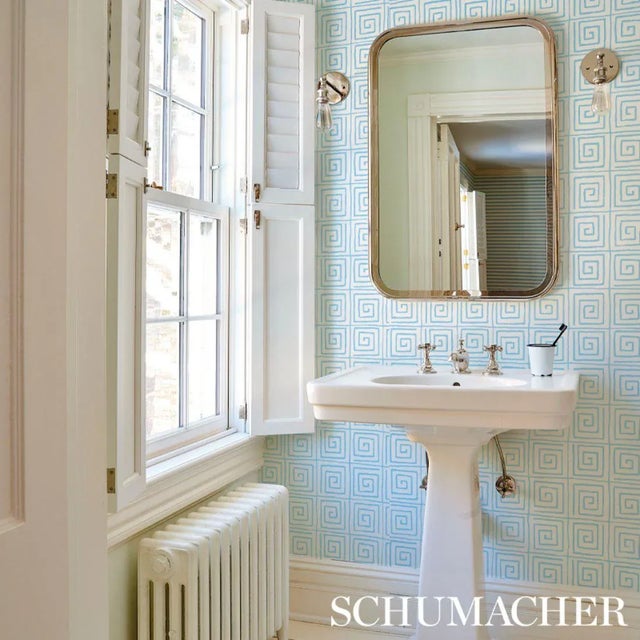 Hollywood Regency Sample - Schumacher X Cristina Buckley Trousdale Wallpaper in Aqua For Sale - Image 3 of 3
