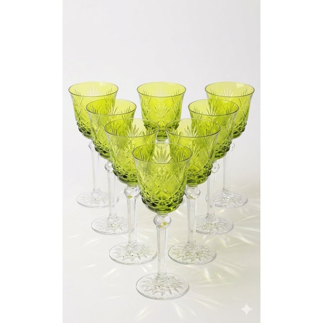 Lime Vintage Bohemian Lime Peridot Cut to Clear Wine Water Goblet, 1950s, Set of 10 For Sale - Image 8 of 8