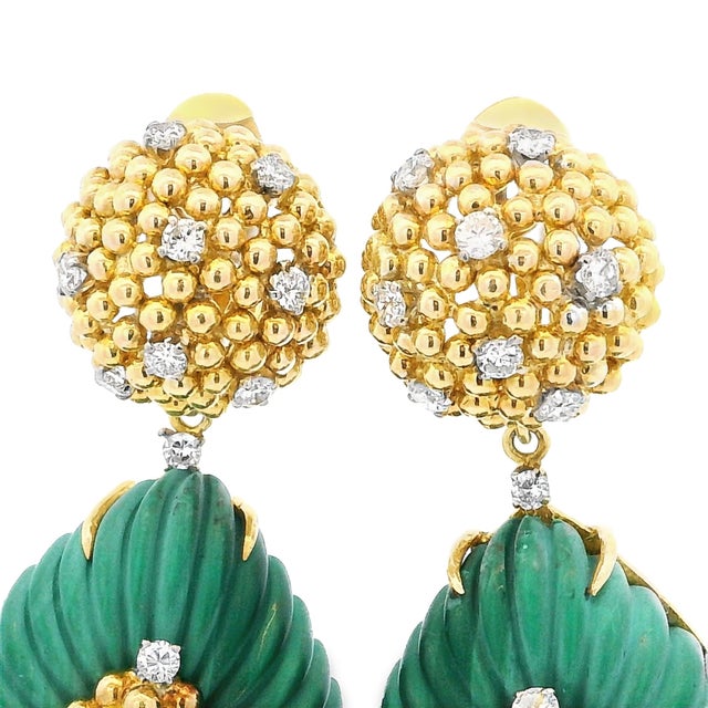 Metal Vintage Italian 18k Gold Diamond & Carved Malachite Convertible Drop Earrings, 1970s, A Pair For Sale - Image 7 of 9