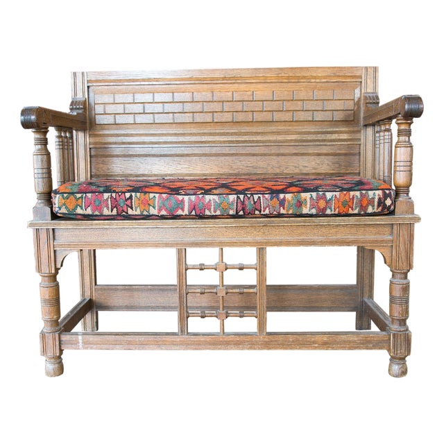 Early 20th Century Danish Bench with Kilim Upholstered Cushion For Sale