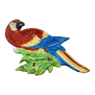 Vintage Hand-Painted Majolica Style Parrot Serving Dish - Tropical Maximalist For Sale
