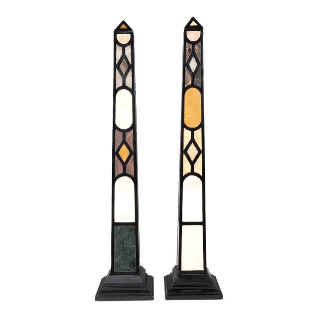 Pair of Ebonized and Marble Obelisks For Sale