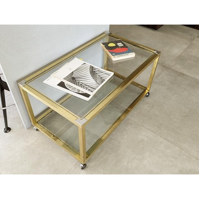 Italian Brass, Chrome Plated Metal and Glass Coffee Table with Wheels, 1970s For Sale - Image 12 of 16