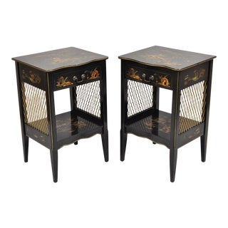 Mid 20th Century Katherine Henick Chinoiserie Chinese Black Hand Painted Nightstands - a Pair For Sale