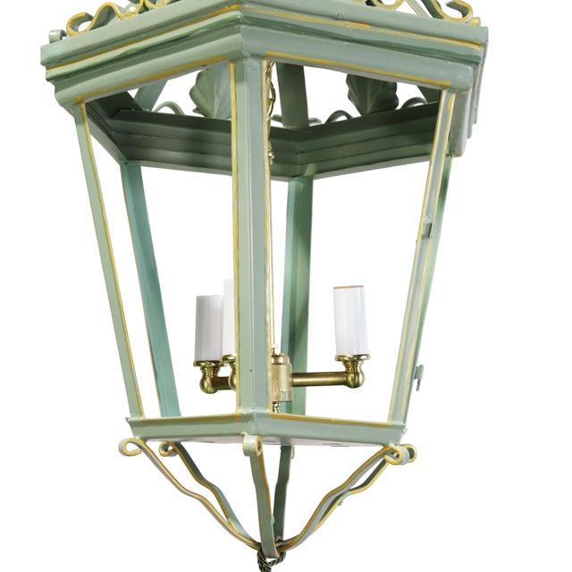 Celadon A Vintage “Visual Comfort” Style Iron Celadon Green Chandelier For Sale - Image 8 of 11