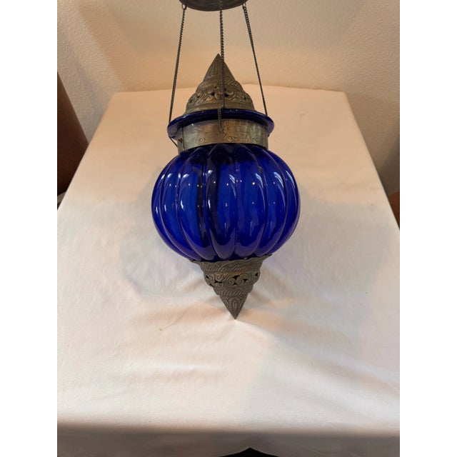 Large Vintage Cobalt Blue Hanging Decorative Glass Ornament With Ornate Pierced Metalwork For Sale In Austin - Image 6 of 7