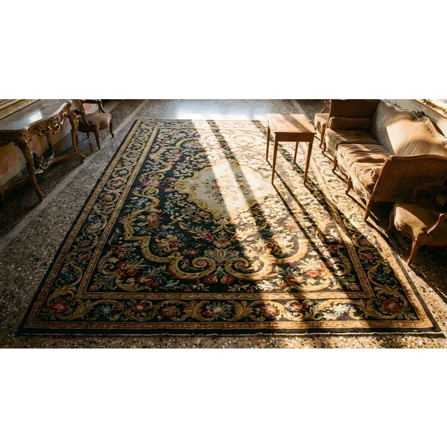 Spectacular Blackground Color in a Traditional Baroque Style Antique French Needlepoint Rug For Sale - Image 9 of 11