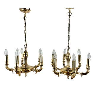 Vintage Spanish 4 & 6 Light Golden Brass Chandeliers from Saeval, Set of 2 For Sale