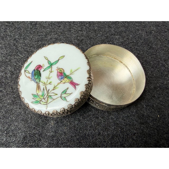 Metal Vintage Chinese Round Porcelain Shard Ring Trinket Box For Sale - Image 7 of 12