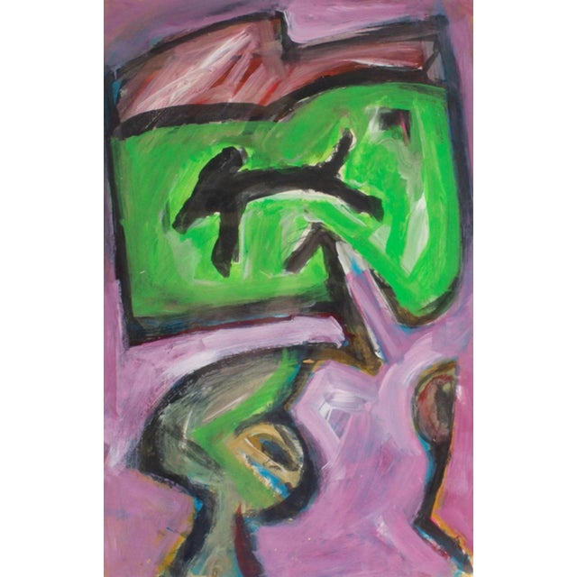 An abstract mixed media painting by the American artist James L. Bruch (1942-2023). Green shapes float against a purple...