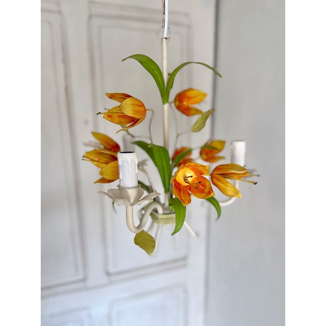 Vintage Tole Tulip Chandelier in Orange and Yellow Painted Steel, 1960s For Sale - Image 3 of 18