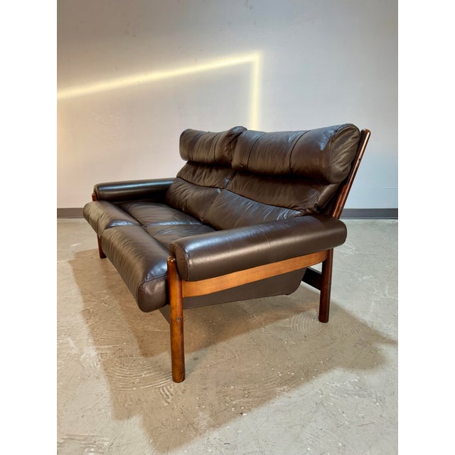Arne Norell Style Vintage Brown Leather Safari Loveseat Sofa For Sale - Image 10 of 12