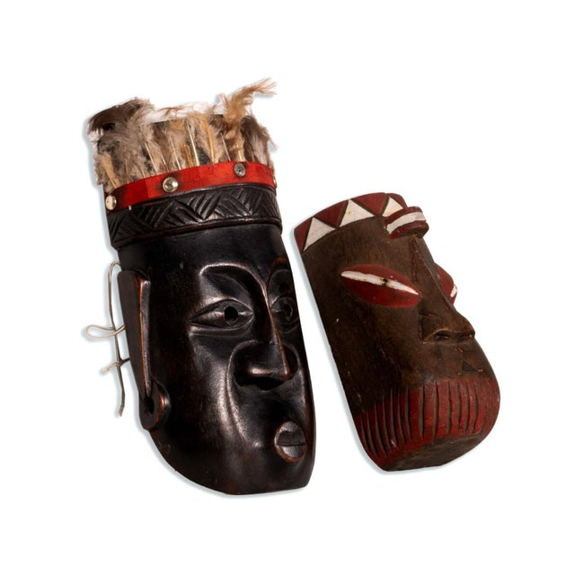 Tribal Pair of Vintage African Tribal Hand Carved & Painted Wooden Mask With Feathers For Sale - Image 3 of 7