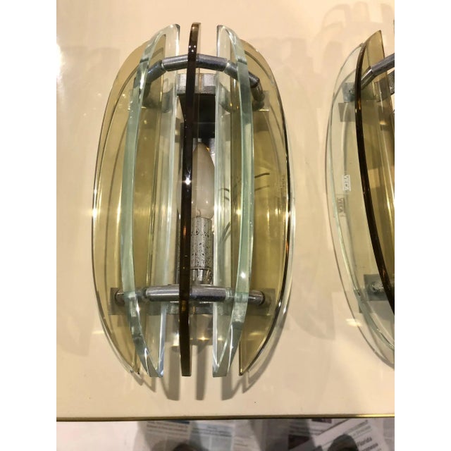 Mid-Century Italian Modern Glass & Metal Wall Sconces from Veca, Set of 2 For Sale - Image 3 of 10