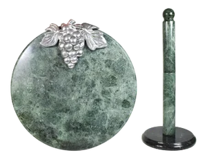 Vintage Green Marble With Aluminum Grape Cheese Platter Cutting Board and Paper Towel Holder Set - a Pair